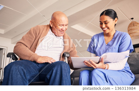 Old man, wheelchair or caregiver reading documents, history or healthcare documents at nursing home. Smile, medical records or happy nurse showing senior patient or elderly person with a disability 136313984