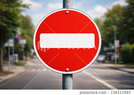 Traffic restriction sign on empty summer roadway  136313985
