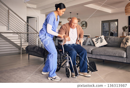 Nurse helping man in wheelchair, home and trust for medical service, physical therapy and support in retirement. Caregiver, woman and aid old patient with disability, rehabilitation and healthcare Nurse helping man in wheelchair, home and trust for medical service, physical therapy and support in retirement. Caregiver, woman and aid old patient with disability, rehabilitation and healthcare 136313987