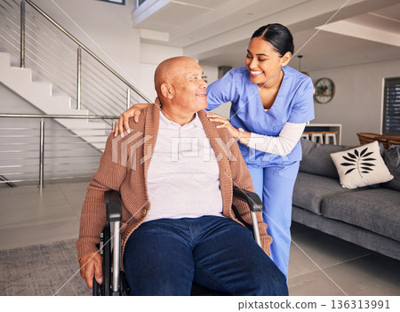 Nurse, smile and man with disability in wheelchair for medical trust, nursing therapy and support at home. Happy patient, caregiver and woman in healthcare, rehabilitation service and retirement help Nurse, smile and man with disability in wheelchair for medical trust, nursing therapy and support at home. Happy patient, caregiver and woman in healthcare, rehabilitation service and retirement help 136313991