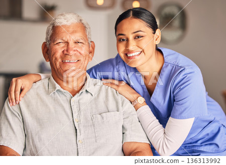 Happy woman, nurse and portrait of senior man with support, medical service and helping patient in retirement. Face of caregiver, elderly person and smile for trust, healthcare and nursing home Happy woman, nurse and portrait of senior man with support, medical service and helping patient in retirement. Face of caregiver, elderly person and smile for trust, healthcare and nursing home 136313992