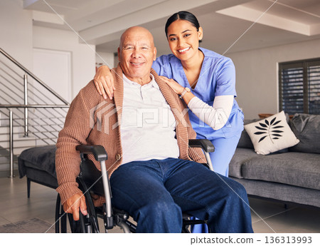 Portrait, nurse and man with disability in wheelchair for medical trust, wellness advice and support at home. Happy patient, caregiver and woman for healthcare, rehabilitation service and helping Portrait, nurse and man with disability in wheelchair for medical trust, wellness advice and support at home. Happy patient, caregiver and woman for healthcare, rehabilitation service and helping 136313993