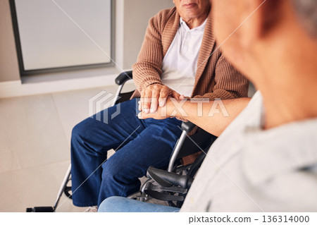 Wheelchair disability, support and elderly people holding hands for support, empathy and senior care in retirement home. Rehabilitation, love and disabled friends together with compassion, trust and Wheelchair disability, support and elderly people holding hands for support, empathy and senior care in retirement home. Rehabilitation, love and disabled friends together with compassion, trust and 136314000