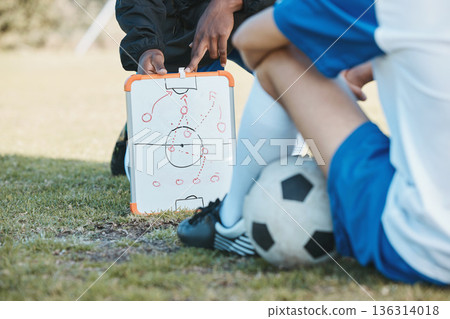 Hands, soccer team or coach planning a formation with tactics or training strategy on sports field. Board, fitness or closeup of manager teaching football players a game plan for match or workout 136314018