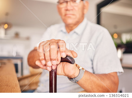 Hands, serious and portrait of a man with a cane for medical help, senior support and health. Sad, house and an elderly person with a disability in the living room with a walking stick closeup 136314021