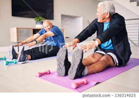 Senior, home or men stretching legs for fitness together for training, exercise or workout with wellness. Happy retirement, smile or elderly friends with teamwork for health, warm up or flexibility 136314025