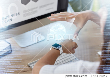 Hand, closeup and smart watch with hologram, globe and online with planning, futuristic and trading. Female person, tracker or investor with progress, app or coding with tech, internet and investment Hand, closeup and smart watch with hologram, globe and online with planning, futuristic and trading. Female person, tracker or investor with progress, app or coding with tech, internet and investment 136314047