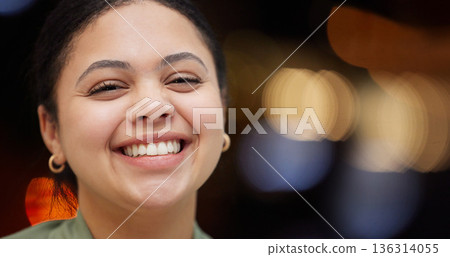 Face, happy and portrait of woman accountant and proud with bokeh, mockup and confident for work or job. Head, looking and young female person with positive mindset, inspiration and motivation 136314055