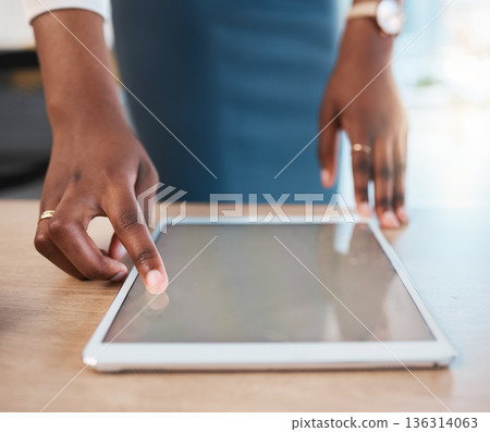 Mockup, digital tablet and business woman with hand on screen in office for design, research or app development closeup. Finger, search and lady with space display for menu, survey or email marketing Mockup, digital tablet and business woman with hand on screen in office for design, research or app development closeup. Finger, search and lady with space display for menu, survey or email marketing 136314063