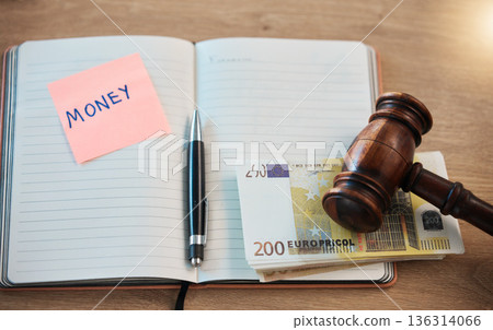 Bribe, corruption and law with notebook and money for deal, justice and illegal payment from above. Judge, crime and fraud with gavel and euro cash in court room for lawyer, agreement and tax 136314066