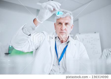Laboratory, scientist with liquid solution checking results of medical study and pharmaceutical research. Healthcare, experiment and senior man in lab studying vaccine development or drugs for future Laboratory, scientist with liquid solution checking results of medical study and pharmaceutical research. Healthcare, experiment and senior man in lab studying vaccine development or drugs for future 136314090