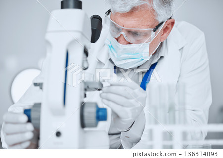 Microscope, science and study with old man in laboratory for pharmacy, medical and vaccine. Chemistry, healthcare and medicine with scientist and research for solution, development and sample results Microscope, science and study with old man in laboratory for pharmacy, medical and vaccine. Chemistry, healthcare and medicine with scientist and research for solution, development and sample results 136314093