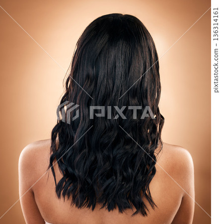 Hair, balayage and beauty, back view of woman with cosmetics and salon treatment on studio background. Haircare, shine and cosmetology, female model has curly hairstyle and grooming with texture 136314161