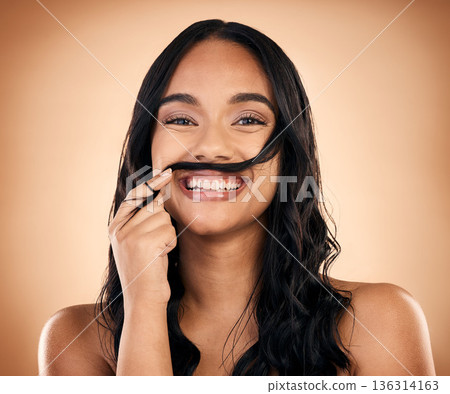 Hair, mustache and portrait of woman in studio for wellness, salon aesthetic and healthy style. Haircare, hairdresser and face of female person with funny pose for natural beauty, texture and keratin 136314163
