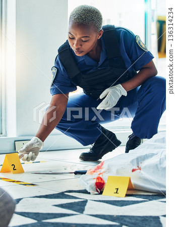 Police woman, crime scene investigation and floor for proof, murder or forensic analysis with focus. Law enforcement officer, murder and monitor evidence with experience, problem solving and justice Police woman, crime scene investigation and floor for proof, murder or forensic analysis with focus. Law enforcement officer, murder and monitor evidence with experience, problem solving and justice 136314234
