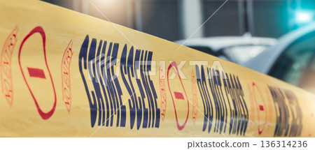 Police tape, crime scene investigation or cars in city, safety or forensic analysis of murder on street. Law enforcement quarantine, monitor evidence or metro with siren for first responder service Police tape, crime scene investigation or cars in city, safety or forensic analysis of murder on street. Law enforcement quarantine, monitor evidence or metro with siren for first responder service 136314236