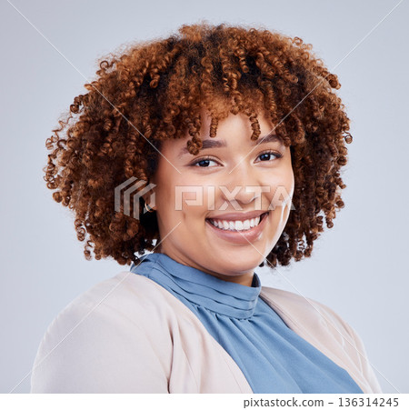 Smile, portrait and woman in studio with fashion, good mood and positive attitude on grey background. Happy, face and African female model posing on mockup with style, fashionable and trendy clothes 136314245
