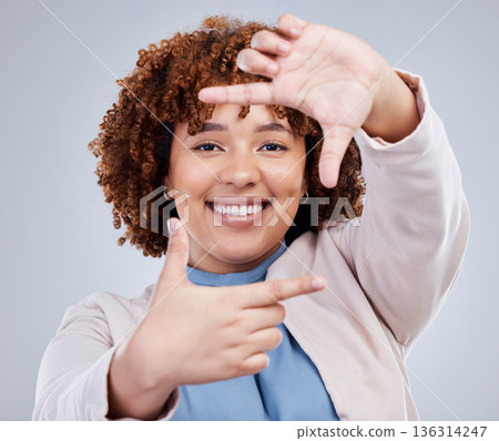Hand, frame and happy woman portrait in studio with sign for photo, photography or fun picture on grey background. Face, lady and beauty influencer with emoji finger for social media or selfie smile Hand, frame and happy woman portrait in studio with sign for photo, photography or fun picture on grey background. Face, lady and beauty influencer with emoji finger for social media or selfie smile 136314247