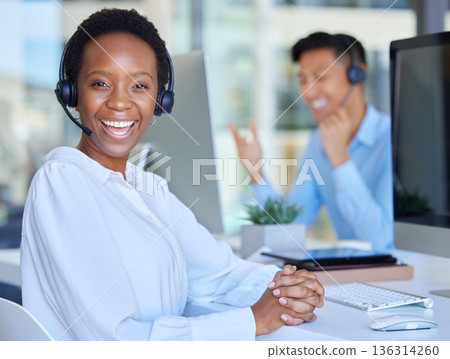Portrait, call center and black woman on computer in office consulting for crm, contact us or customer service. Face, telemarketing and African lady consultant with online help or friendly advice Portrait, call center and black woman on computer in office consulting for crm, contact us or customer service. Face, telemarketing and African lady consultant with online help or friendly advice 136314260