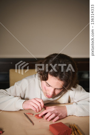 Young Boy Molding Clay At Home, Focusing On Creative Hobby Project Young Boy Molding Clay At Home, Focusing On Creative Hobby Project 136314333