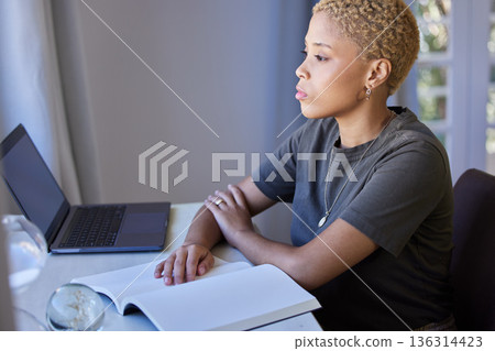 Remote work, thinking and woman with book and laptop for brainstorming, planning or goal in home office. Creative, freelance and female writer with notebook for solution, idea or article inspiration Remote work, thinking and woman with book and laptop for brainstorming, planning or goal in home office. Creative, freelance and female writer with notebook for solution, idea or article inspiration 136314423