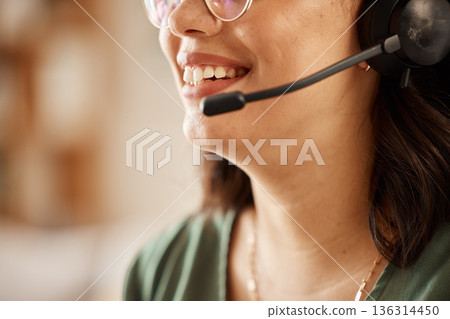 Customer service, microphone headset and mouth of happy woman consulting on online conference, communication or telecom. Telemarketing, contact us and closeup person networking on help desk service Customer service, microphone headset and mouth of happy woman consulting on online conference, communication or telecom. Telemarketing, contact us and closeup person networking on help desk service 136314450