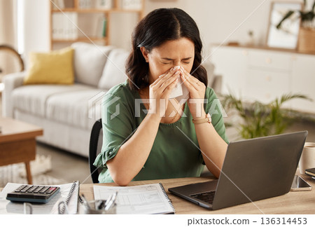 Laptop, remote work and sick woman in home office with flu, cold or viral infection in her house. Freelance, sneeze and lady online with allergy, virus or burnout, sinusitis or hayfever while typing 136314453