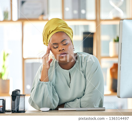 Black woman, burnout and headache with work fatigue and stress, health problem and crisis with overworked employee. African female person, migraine and brain fog, tired with fail and overwhelmed 136314497