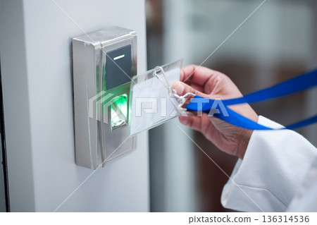 Hand, key card and fingerprint for security door, entrance or access control for safety in business, facility and property. Hands, electronic keys and laser scan, technology or secure laboratory lock 136314536