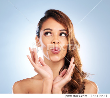 Kiss, hair care or woman thinking of skincare for beauty, wellness or cosmetics on white background. Natural hairstyle, studio idea or girl in facial treatment for healthy glowing skin or dermatology 136314561