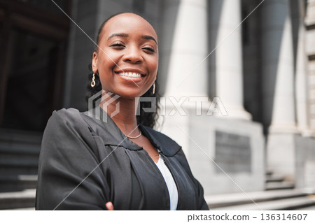 Happy, black woman or portrait lawyer with confidence, empowerment or justice outside court. Face, empowerment or proud African attorney with leadership, arms crossed or vision for legal agency Happy, black woman or portrait lawyer with confidence, empowerment or justice outside court. Face, empowerment or proud African attorney with leadership, arms crossed or vision for legal agency 136314607