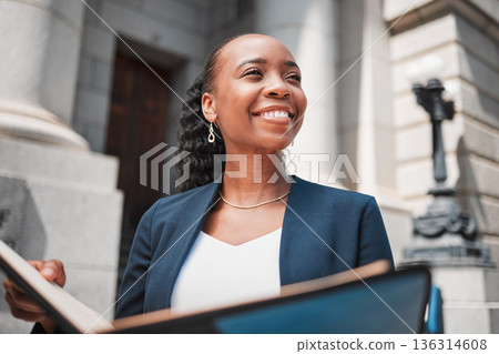 Book, black woman or happy lawyer with education, legislation or constitution research by law firm. Reading, studying or attorney thinking of knowledge, ideas or vision for legal agency by court Book, black woman or happy lawyer with education, legislation or constitution research by law firm. Reading, studying or attorney thinking of knowledge, ideas or vision for legal agency by court 136314608