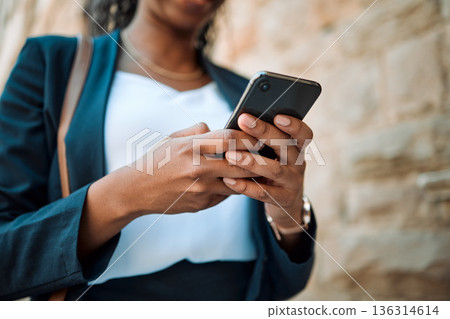 Hands, smartphone and woman typing, social media search and closeup with chat online, communication and technology. Internet connection, text message or email, female person and using phone with app 136314614