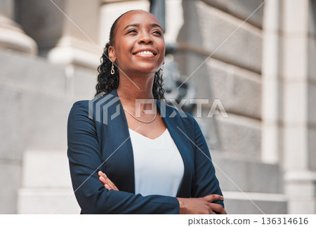 Arms crossed, happy black woman or lawyer thinking with smile or confidence working in a law firm. Court, empowerment or proud African attorney with leadership, ideas or vision for legal agency Arms crossed, happy black woman or lawyer thinking with smile or confidence working in a law firm. Court, empowerment or proud African attorney with leadership, ideas or vision for legal agency 136314616
