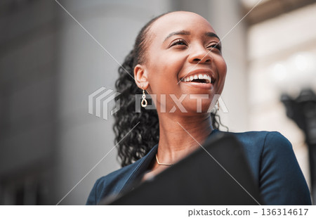 Face, happy black woman or lawyer thinking with smile, education or empowerment working in a law firm. Court, constitution or proud African attorney with knowledge, ideas or vision for legal agency Face, happy black woman or lawyer thinking with smile, education or empowerment working in a law firm. Court, constitution or proud African attorney with knowledge, ideas or vision for legal agency 136314617