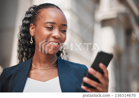 Smartphone, black woman typing with social media media and chat online, communication and technology. Internet connection, text message or email with closeup, female person and mobile app outdoor 136314670