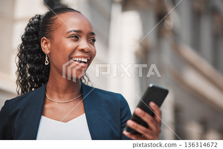 Business, black woman and cellphone is thinking in city for travel as lawyer for success. Pride, smile and professional person with tech for idea or online app with internet for communication. Business, black woman and cellphone is thinking in city for travel as lawyer for success. Pride, smile and professional person with tech for idea or online app with internet for communication. 136314672