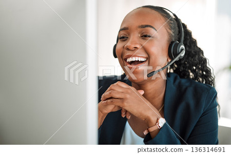 Funny, telemarketing and black woman with a smile, customer service and internet connection with help. Female person, humor and agent with telecom sales, tech support and call center with headphones Funny, telemarketing and black woman with a smile, customer service and internet connection with help. Female person, humor and agent with telecom sales, tech support and call center with headphones 136314691
