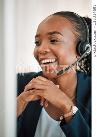 Smile, telemarketing or black woman with headphones, call center or internet connection with crm. Female person, consultant or agent with telecom sale, customer service or tech support with ecommerce Smile, telemarketing or black woman with headphones, call center or internet connection with crm. Female person, consultant or agent with telecom sale, customer service or tech support with ecommerce 136314693