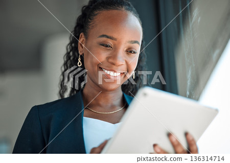 Happy, lawyer and black woman with tablet in office for legal research, web app and online social media. African attorney, technology and professional reading business email, networking or internet. Happy, lawyer and black woman with tablet in office for legal research, web app and online social media. African attorney, technology and professional reading business email, networking or internet. 136314714