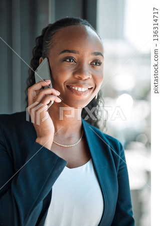 Black woman, smile and phone call for business, communication and conversation. Smartphone, happy and African professional talking, listening and networking with contact to chat in corporate office. 136314717