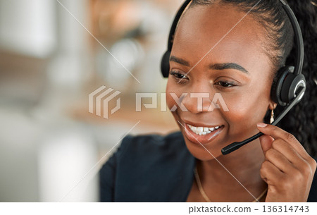 CRM, telemarketing and black woman with headphones, call center and telecom sales with help. Female person, consultant and agent with tech support, representative and customer service with network 136314743