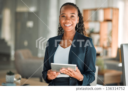 Portrait, lawyer and black woman with tablet, smile and happy in office workplace. African attorney, technology and face of professional, female advocate and legal advisor from Nigeria in law firm. Portrait, lawyer and black woman with tablet, smile and happy in office workplace. African attorney, technology and face of professional, female advocate and legal advisor from Nigeria in law firm. 136314752