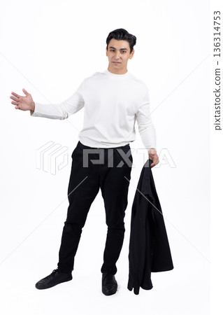 Man in white sweatshirt gesturing with open arms 136314753
