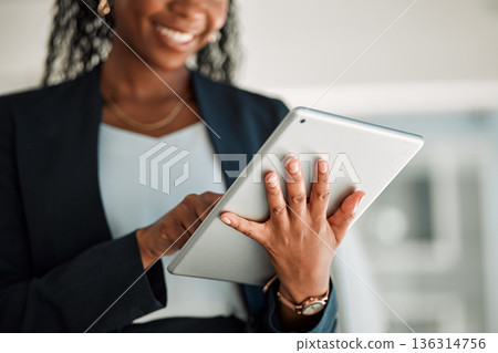 Lawyer, hands and black woman with tablet in office for legal research, online app and social media. African attorney, technology and happy professional reading business email, networking or internet Lawyer, hands and black woman with tablet in office for legal research, online app and social media. African attorney, technology and happy professional reading business email, networking or internet 136314756