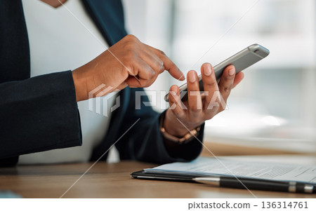 Closeup, trader or hands typing on a phone for social media chat, internet post or website notification. Searching, trading news blog or worker texting on online networking mobile app in office Closeup, trader or hands typing on a phone for social media chat, internet post or website notification. Searching, trading news blog or worker texting on online networking mobile app in office 136314761