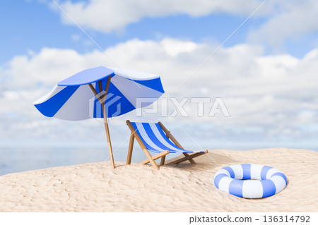 Beach umbrella and chair on white sand by the ocean Beach umbrella and chair on white sand by the ocean 136314792