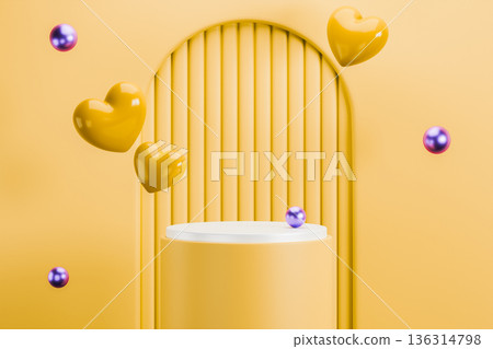 Orange hearts and golden arch on yellow background 136314798
