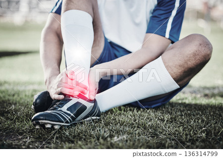 Injury, soccer player or hand of a man on foot pain, emergency or accident in fitness training. Sports, problem or football athlete with muscle inflammation, broken leg or swollen ankle on field 136314799