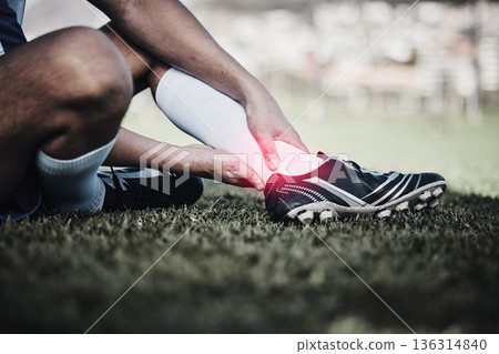 Injury, soccer and a man on a field with foot pain, training accident and medical emergency at a game. Inflammation, football and a male athlete with a leg or anatomy problem during sport on grass 136314840